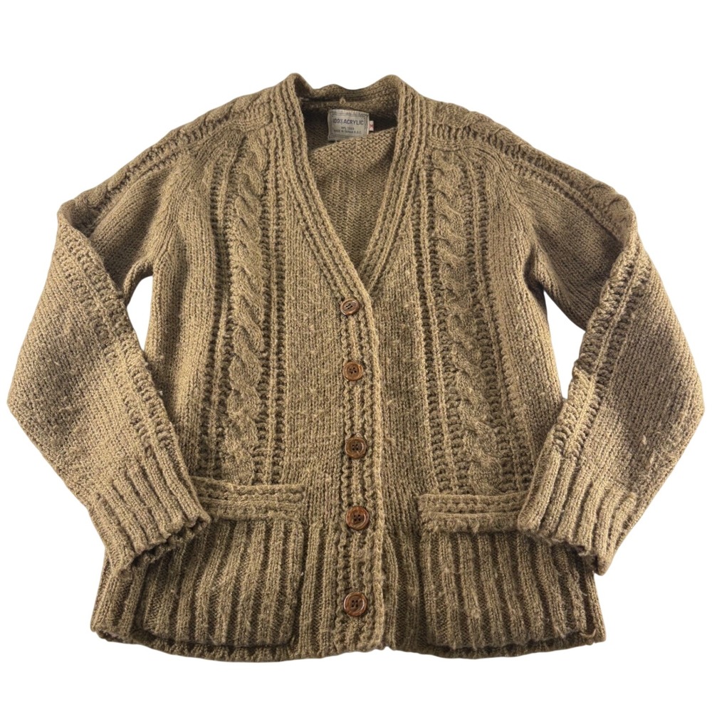 Vintage‎ Tan Cable Knit Cardigan Sweater Mens Medium Button Front Chunky Brown